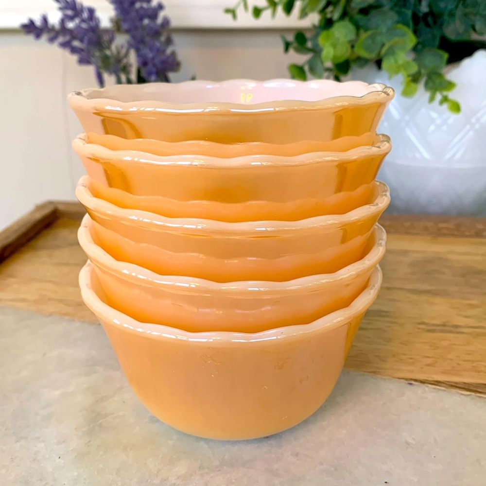 Vintage Fire King,  Peach Lusterware glass measurer custard cups, 5 pc set, EUC